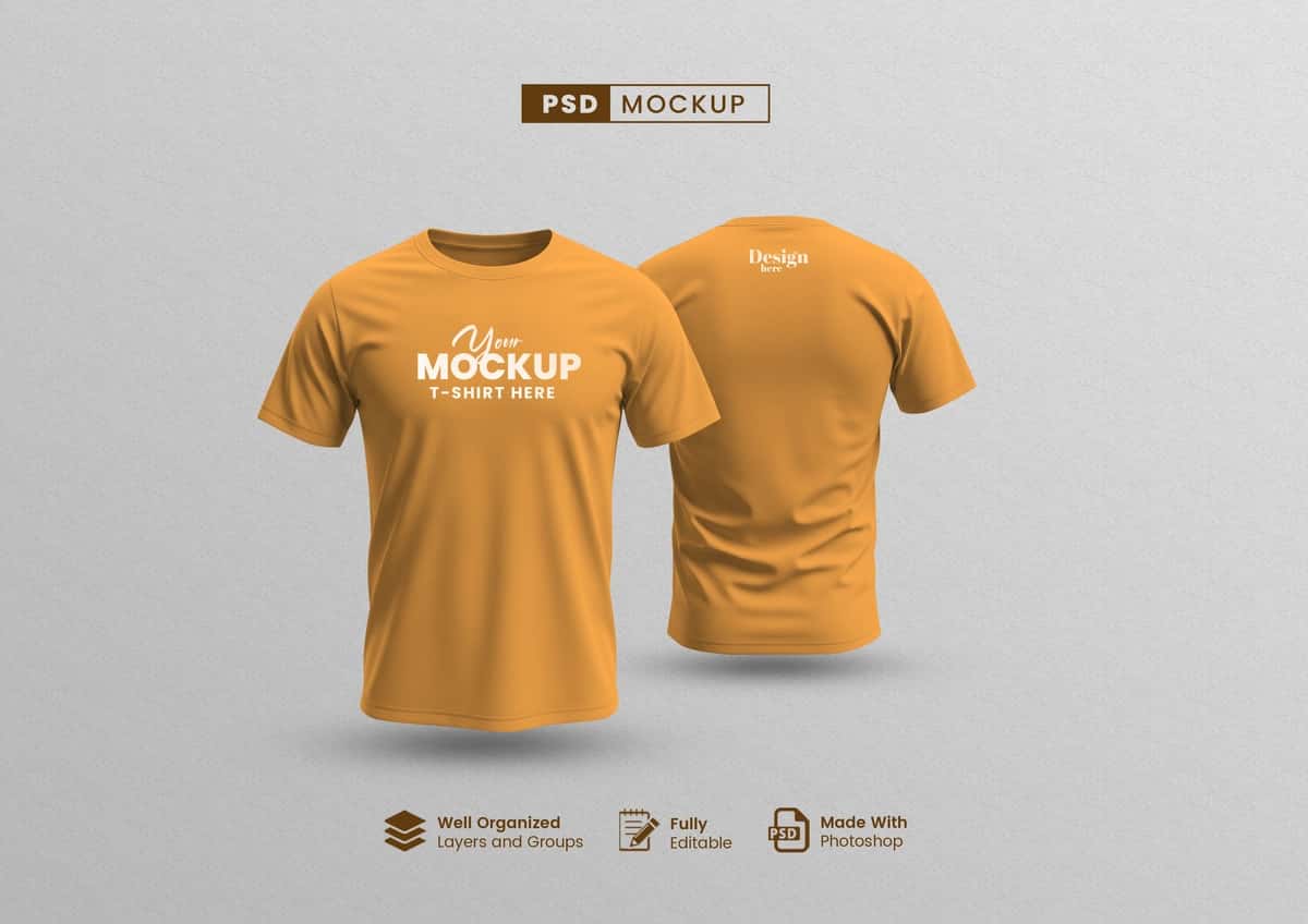 Oldindan orqa ko'rinishdagi to'q sariq rangli futbolka maketi | T shirt mockup front back view orange 1