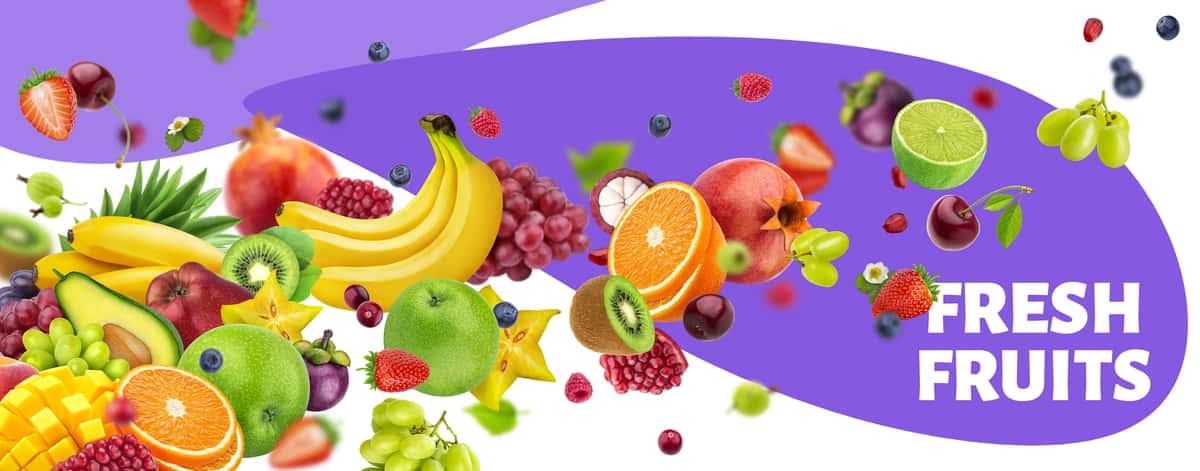 Yiqilgan mevalar rezavorlar banneri | Falling fruits berries banner 1