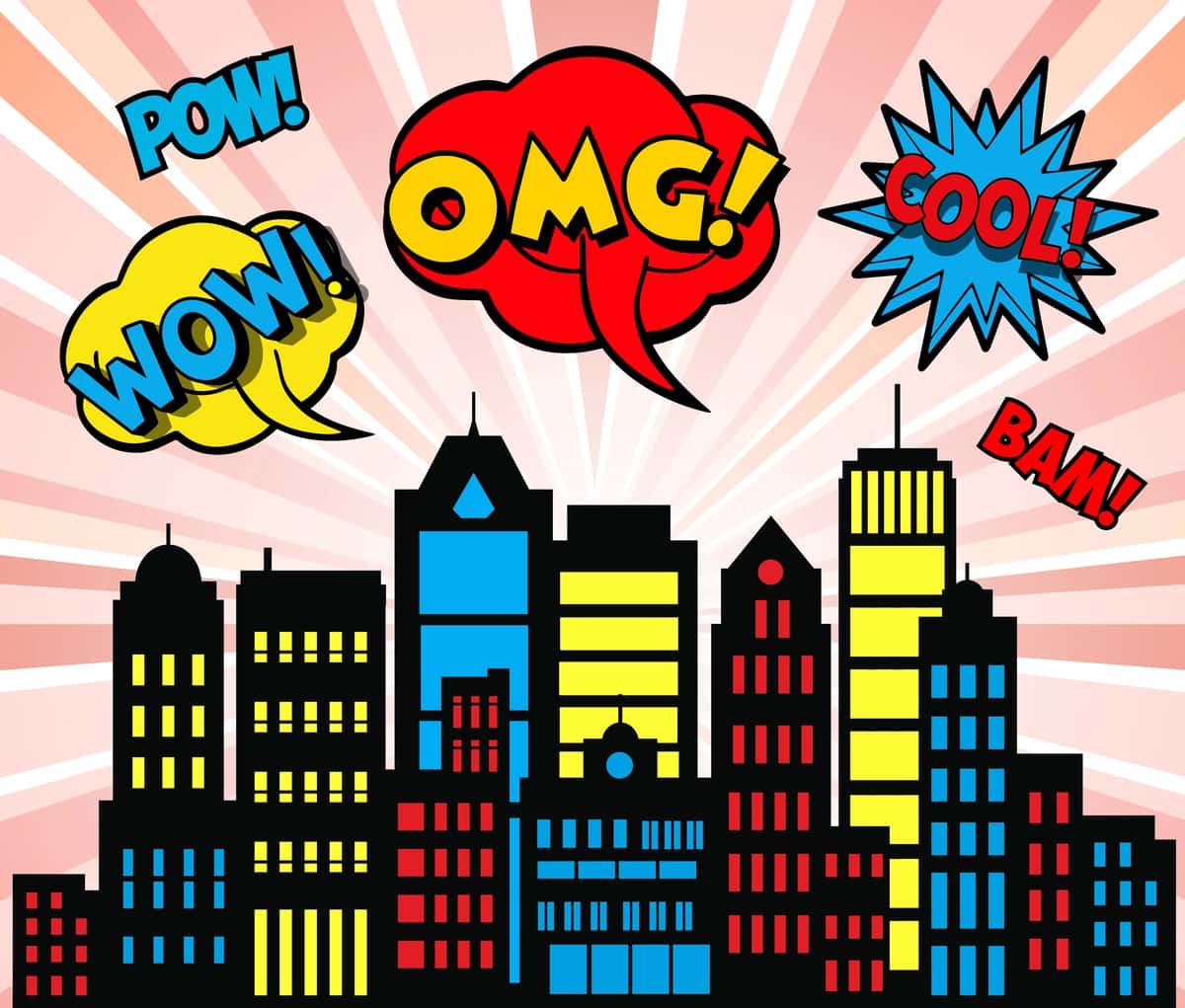 Komikslar uslubidagi grafikalar bilan portlovchi shahar silueti | City skyline exploding with comic book style graphics 1
