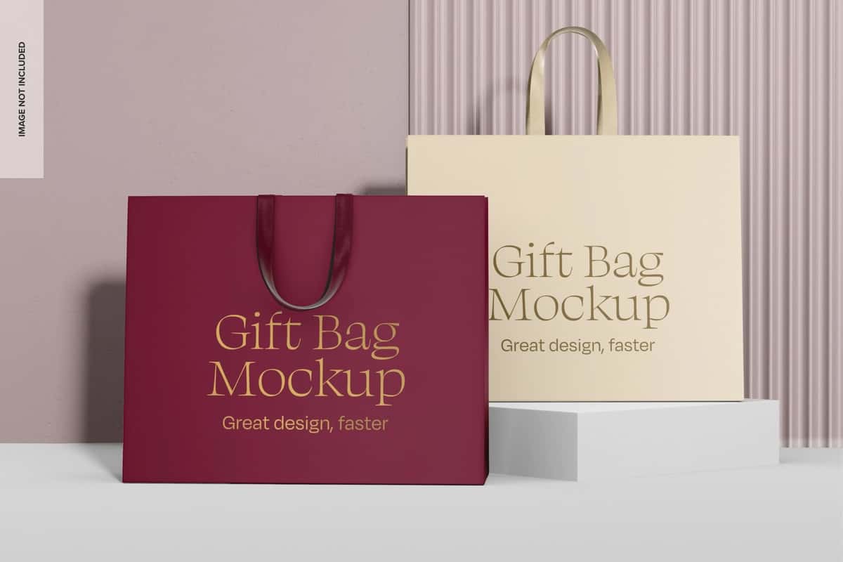 Oldindan ko'rinishda tutqichli maket bilan nafis sovg'a sumkalari | Elegant gift bags with handle mockup front view 1