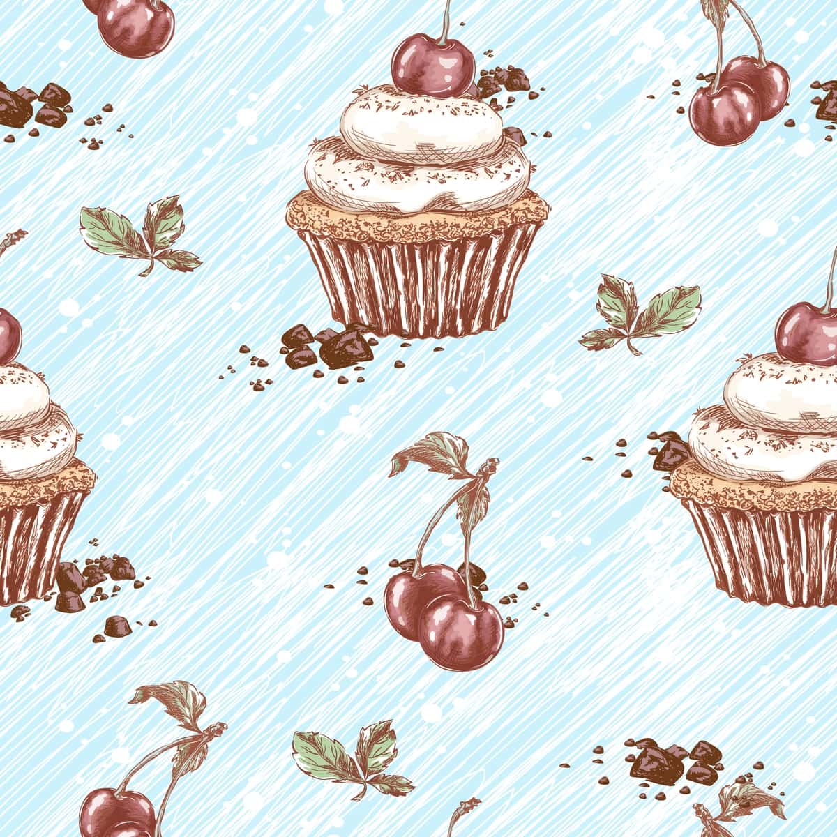 Choksiz naqshli tortlar qaymoqli gilos bilan chizilgan qo'lda chizilgan | Seamless pattern cakes with cream cherries sketchy hand drawing 1