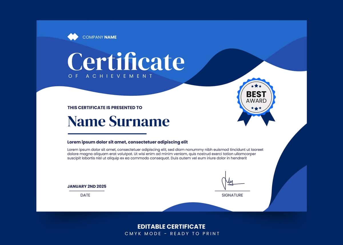 Zamonaviy ko'k to'lqinli sertifikat dizayn shabloni | Modern blue wavy certificate design template 1