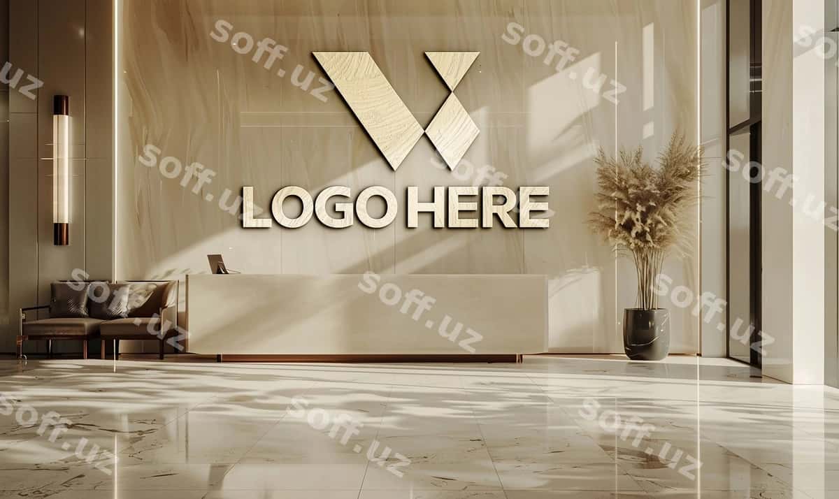 Kompaniya qabulxona devor logotip namunasi | Company reception wall logo mockup 1