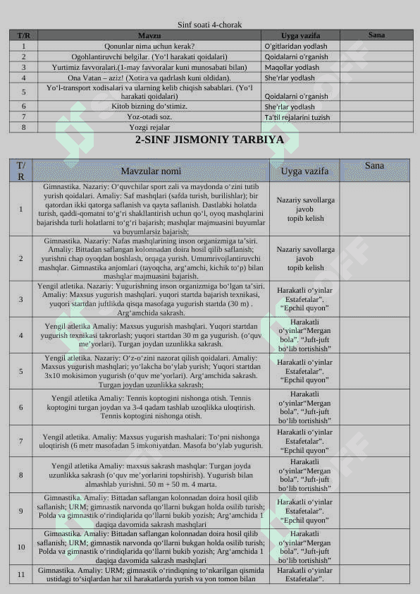 2024- 2025-O`QUV  YILI 2-SINF UCHUN  TUZILGAN  Yillik Taqvim rejasi 4