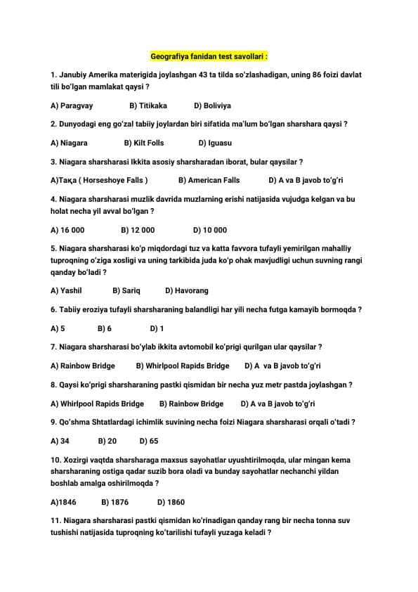 Geografiya fanidan test savollari javoblari bilan