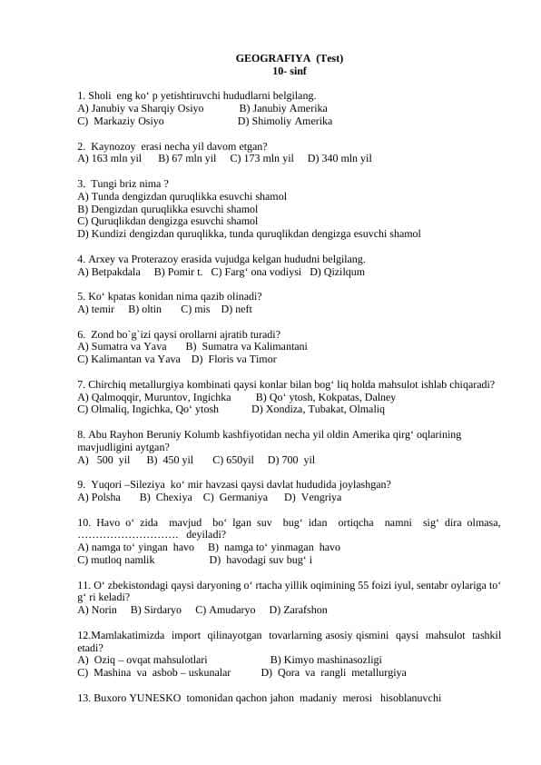 10 sinf  GEOGRAFIYA. test