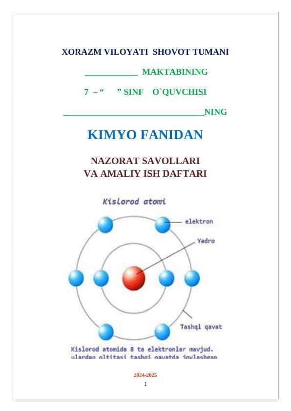 7-Sinf KIMYO NAZORAT ISHI daftari 2025