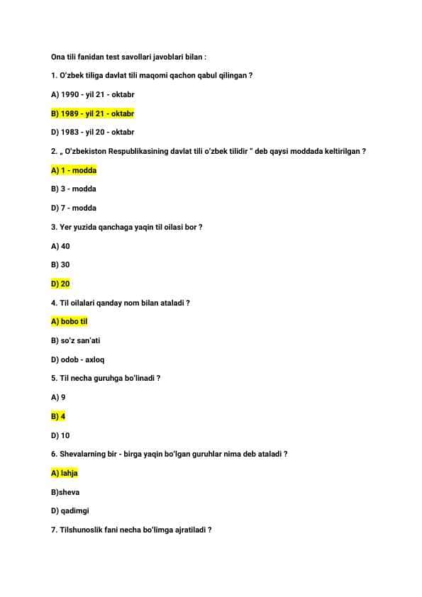 Ona tili fanidan / test savollar / javoblari bilan / 25 ta
