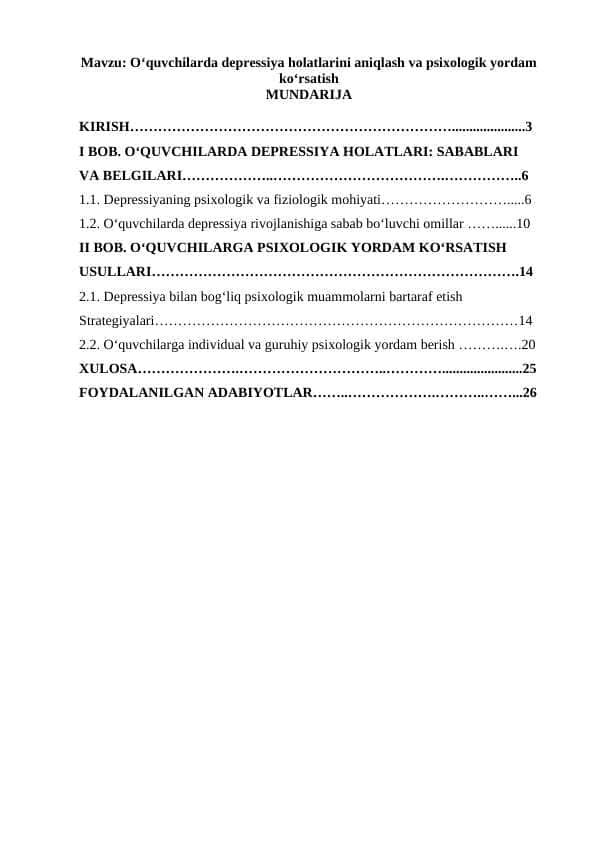 O‘quvchilarda depressiya holatlarini aniqlash va psixologik yordam ko‘rsatish