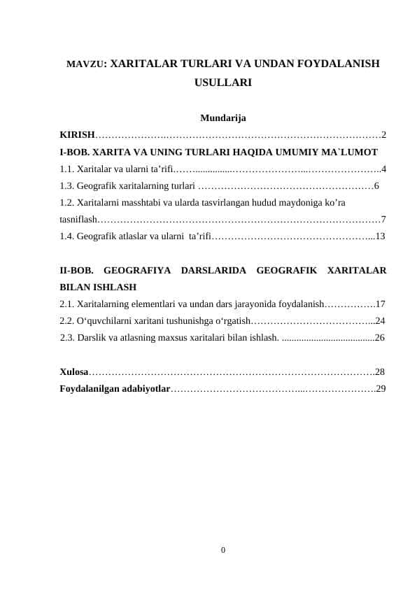 XARITALAR TURLARI VA UNDAN FOYDALANISH USULLARI
