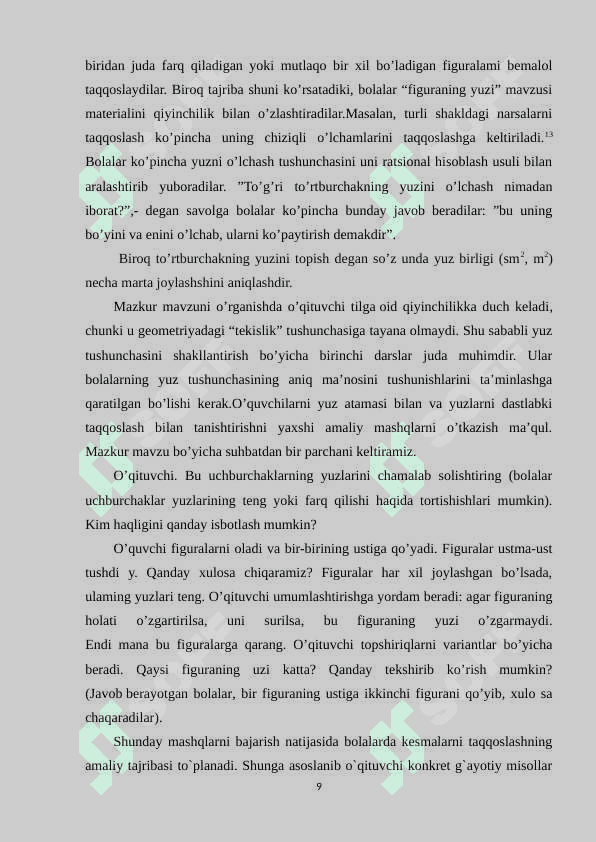 BOSHLANG’ICH SINF O’QUVCHILARIDA YUZA XAQIDAGI TASAVVURLARNI SHAKLLANTIRISH,YUZALARNI O’LCHASH MALAKASINI HOSIL QILISH USULLARI 8