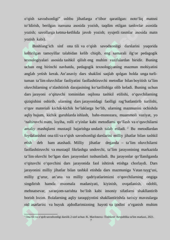 BOSHLANG’ICH SINF ONA TILI VA O'QISH SAVODXONLIGI DARSLARIDA TURLI JANRDAGI ASARLARNI O'RGATISH METODIKASI 7