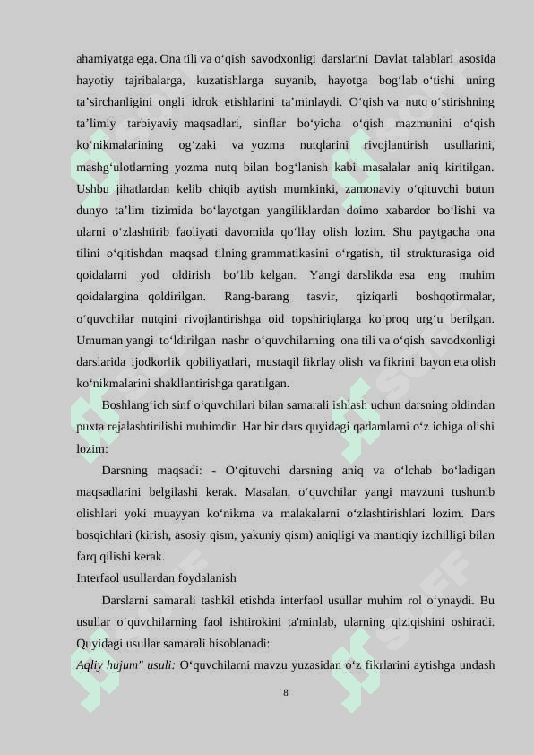 BOSHLANG’ICH SINF ONA TILI VA O'QISH SAVODXONLIGI DARSLARIDA TURLI JANRDAGI ASARLARNI O'RGATISH METODIKASI 8