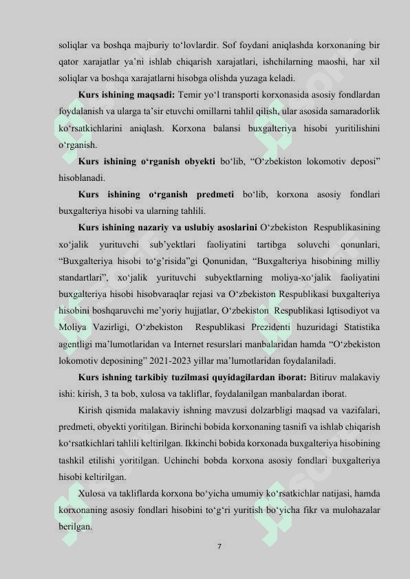 O‘ZBEKISTON” LOKOMOTIV DEPOSI TASNIFI VA ISHLAB CHIQARISH KO‘RSATKICHLARINI TAHLILI 7