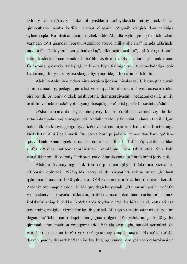 Abdulla Avloniyning Turkiy Guliston yoxud axloq asarida ta’limiy va axloqiy masalalar 8