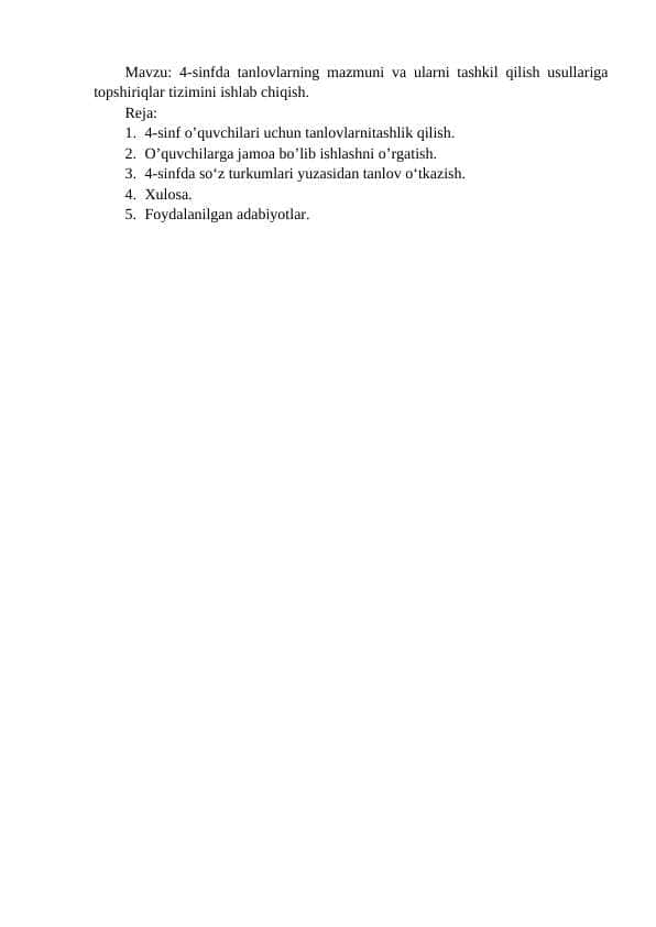 4-sinfda tanlovlarning mazmuni va ularni tashkil qilish usullariga topshiriqlar tizimini ishlab chiqish.