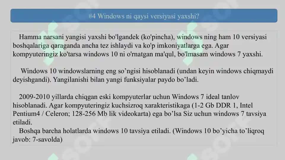 Windows o’rnatishdagi savol-javoblar 7