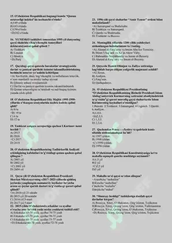 O'zbekistonning eng yangi tarixi fanidan testlar javoblari bilan. 6