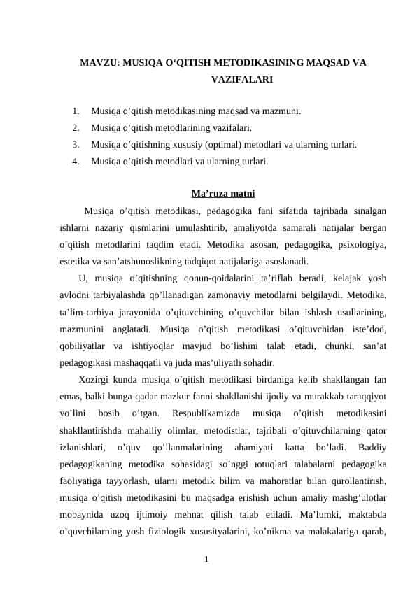 MUSIQA O‘QITISH METODIKASINING MAQSAD VA VAZIFALARI