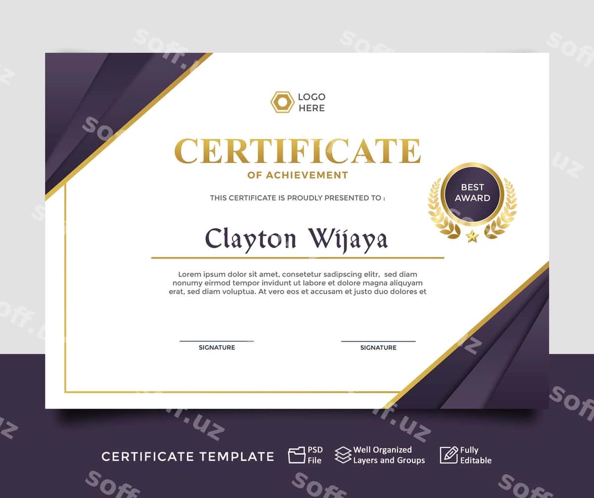 Zamonaviy guvohnoma shablon binafsha | Modern certificate template purple 1