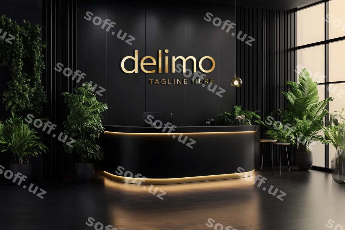 Ofis reseptsion oltin logotip namunasi | Office reception gold logo mockup 1