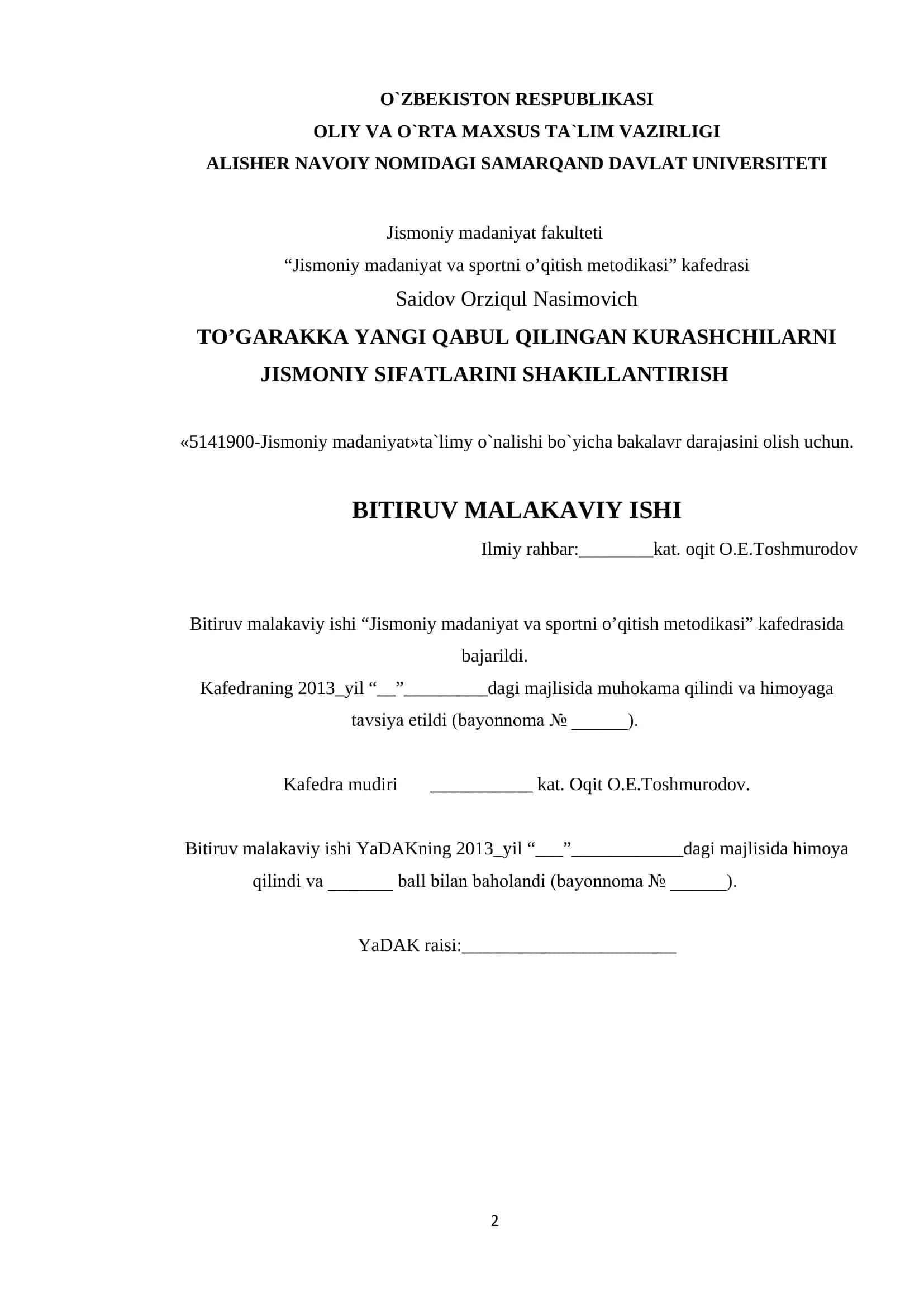 Jismoniy madaniyat va sportni o’qitish metodikasi 1