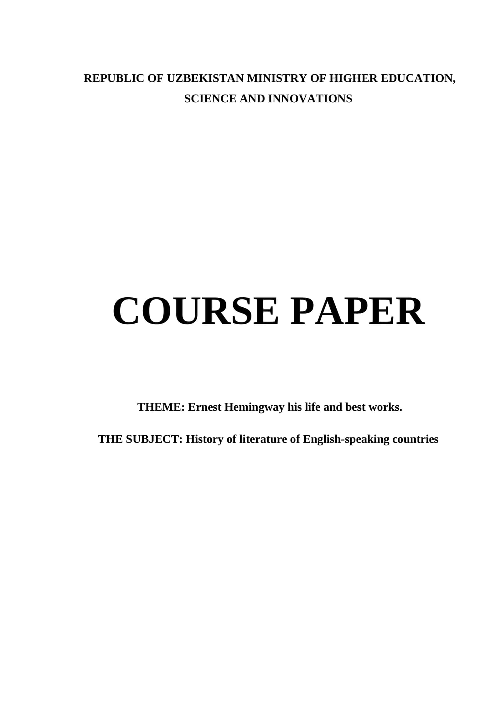 Course Paper on Ernest Hemingway 1