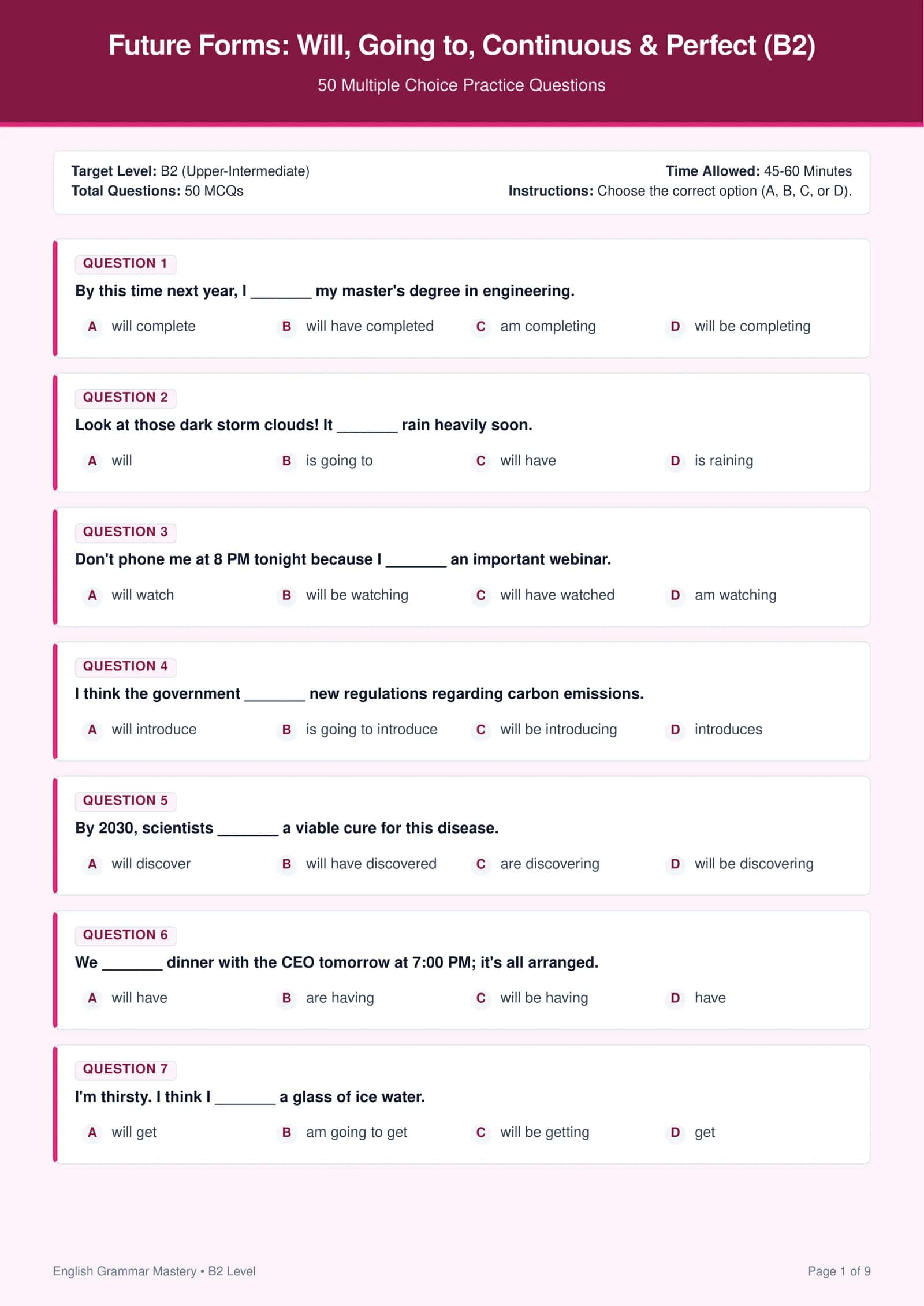 Future Forms (Will, Going to, Continuous & Perfect) (B2 Level) — 50 Ta Test 1