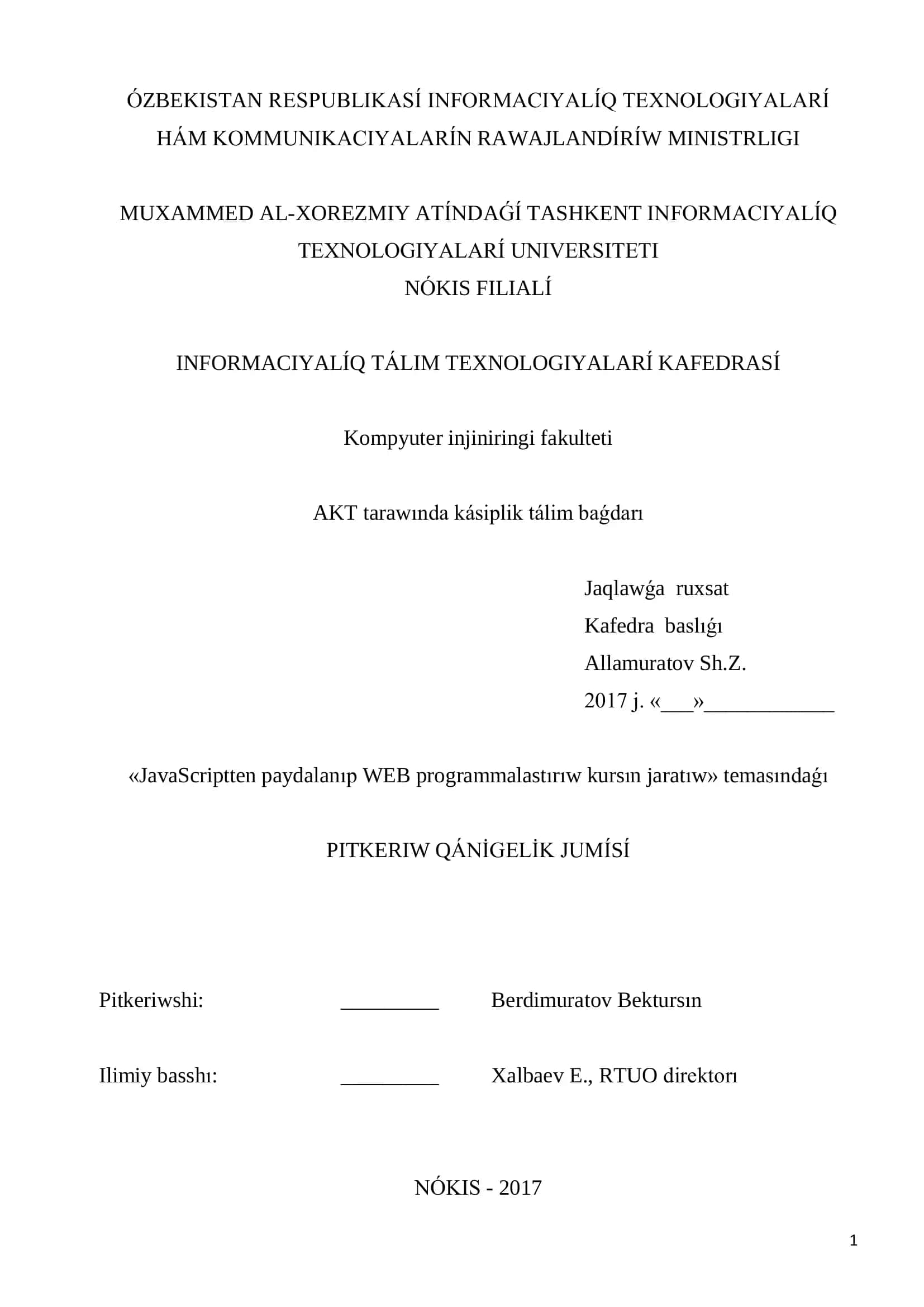 JavaScriptten paydalanıp WEB programmalastırıw kurs 1