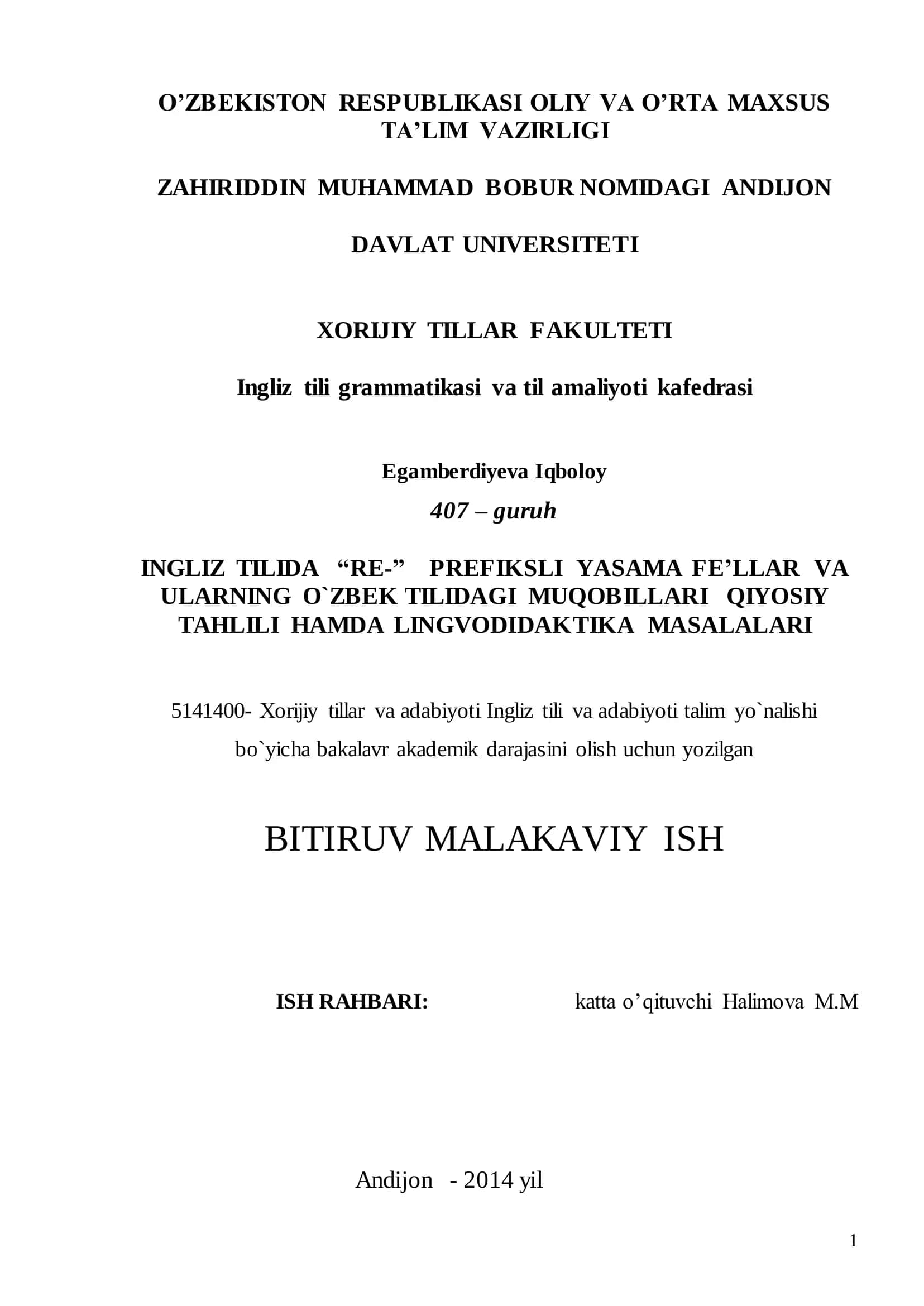 Bitiruv malakaviy ish ingliz tili grammatikasi va til amaliyoti kafedrasining 1