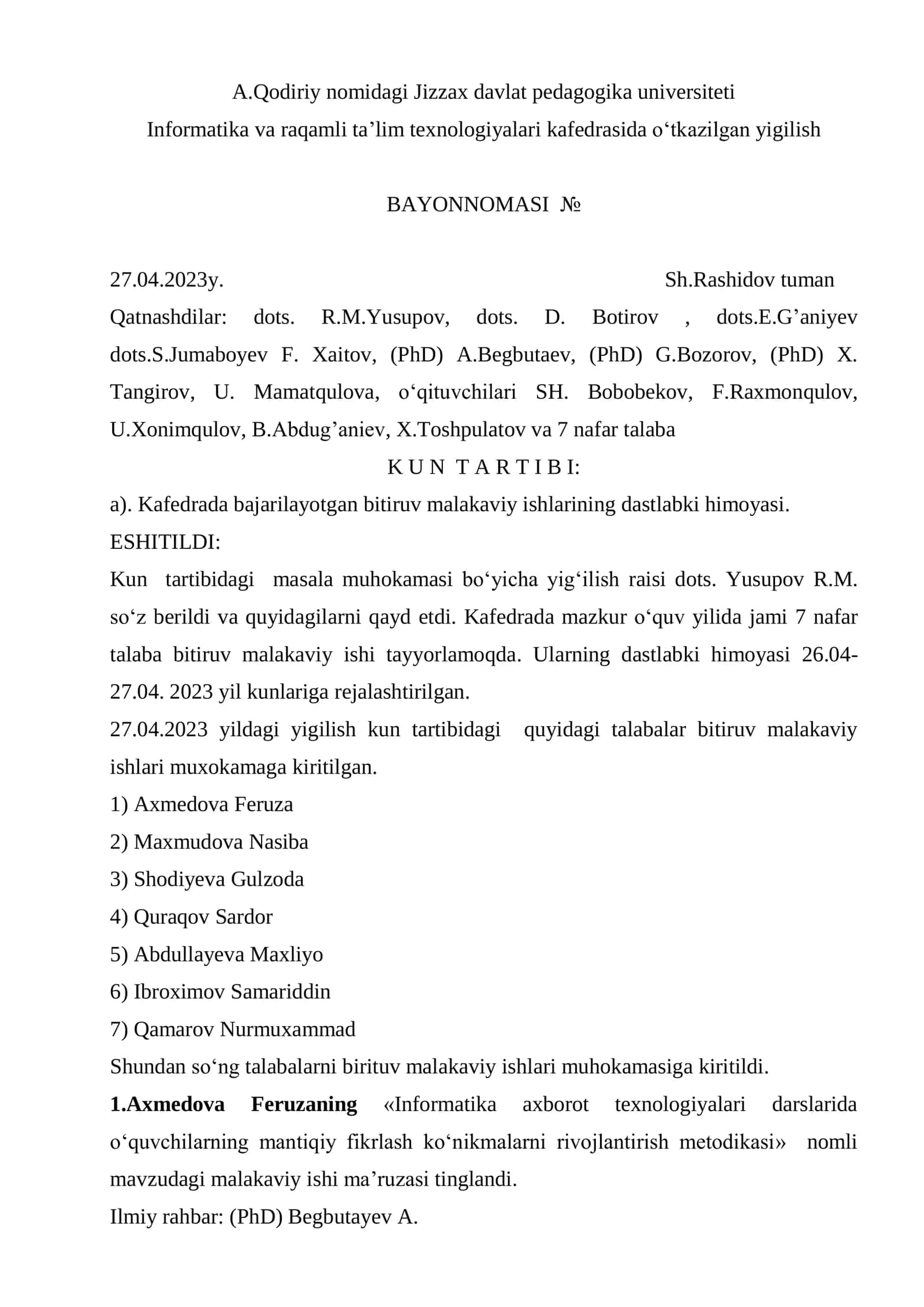 Informatika va raqamli ta’lim texnologiyalari kafedrasida o‘tkazilgan yigilish BAYONNOMASI № 1