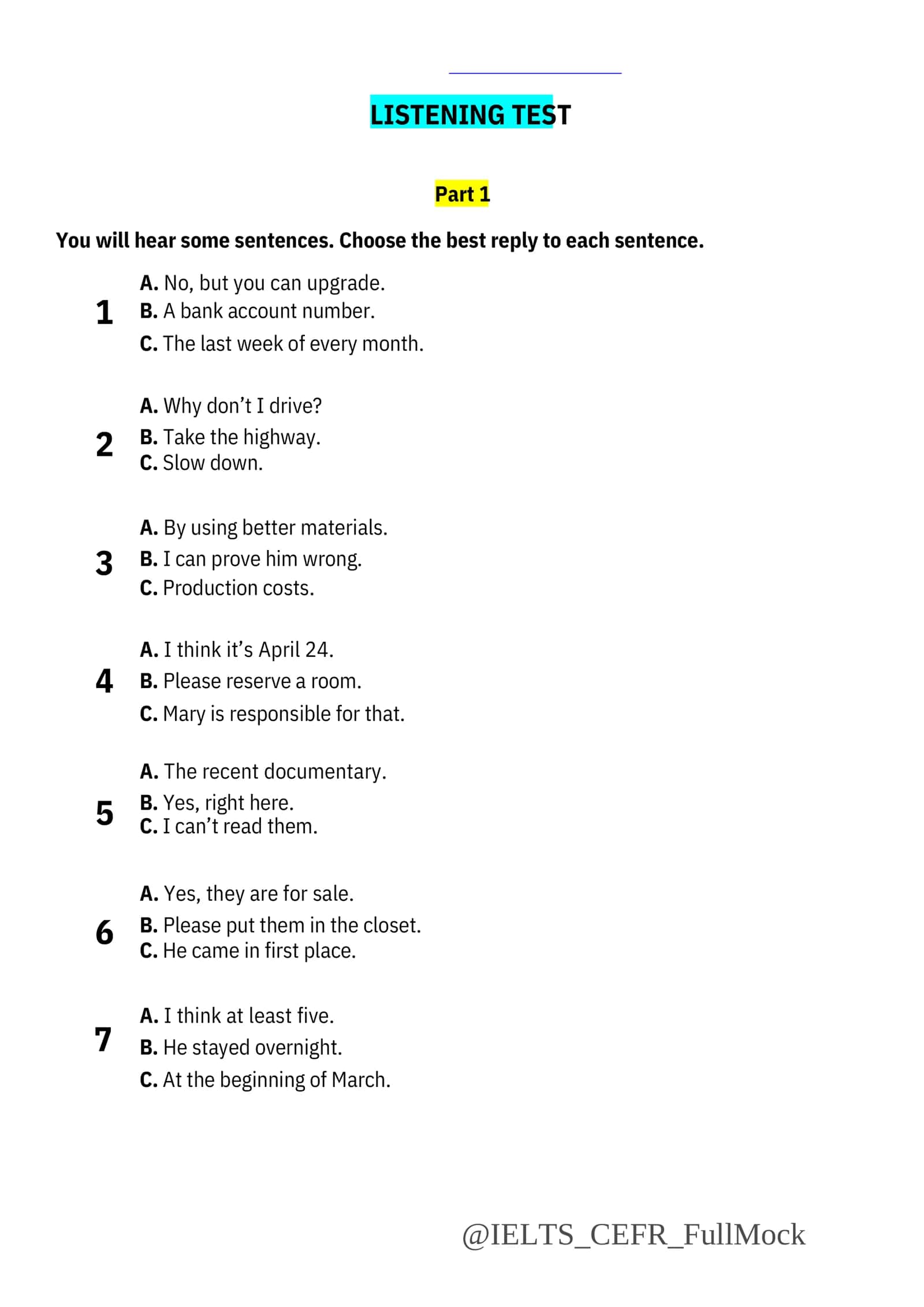 LISTENING TEST Part 1 1