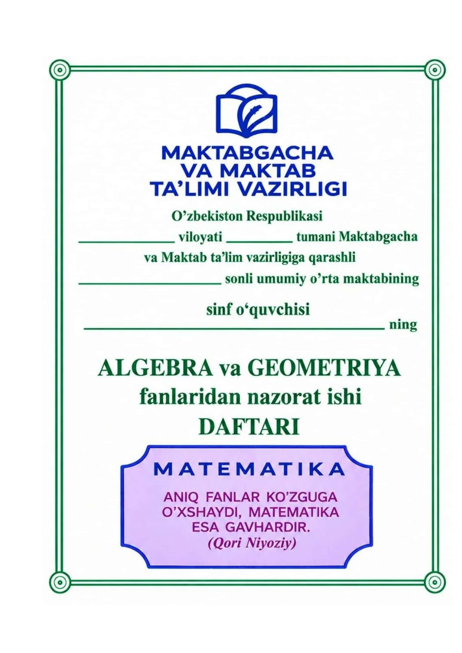 8 - sinf algebra geometriya nazorat ishi kitobchasi 1
