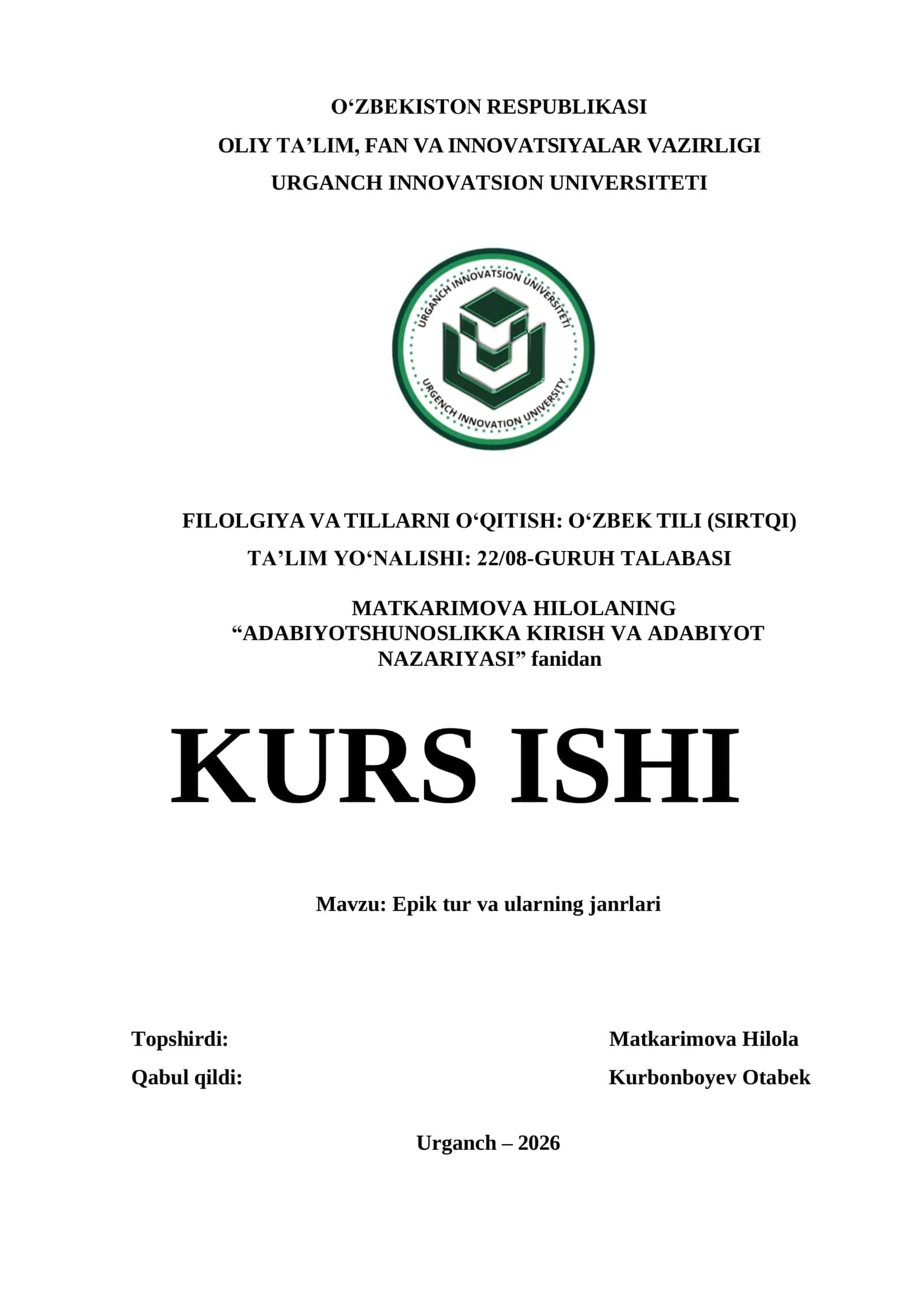 KURS ISHI: EPIK TUR VA ULARNING JANRLARI 1