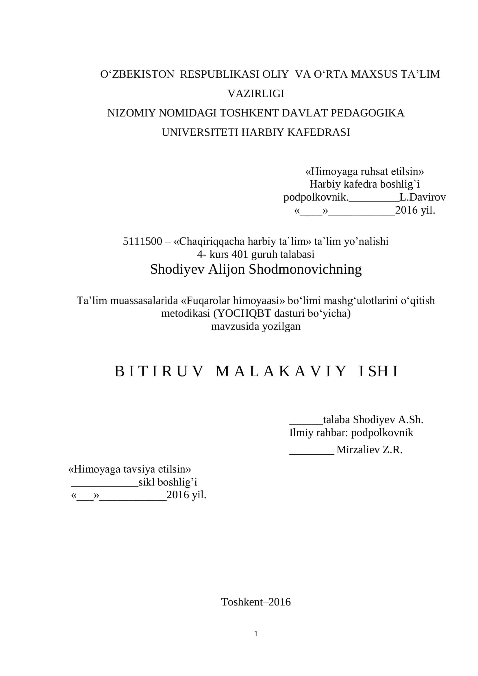 Ta’lim muassasalarida «Fuqarolar himoyaasi» bo‘limi mashg‘ulotlarini o‘qitish metodikasi (YOCHQBT dasturi bo‘yicha) 1