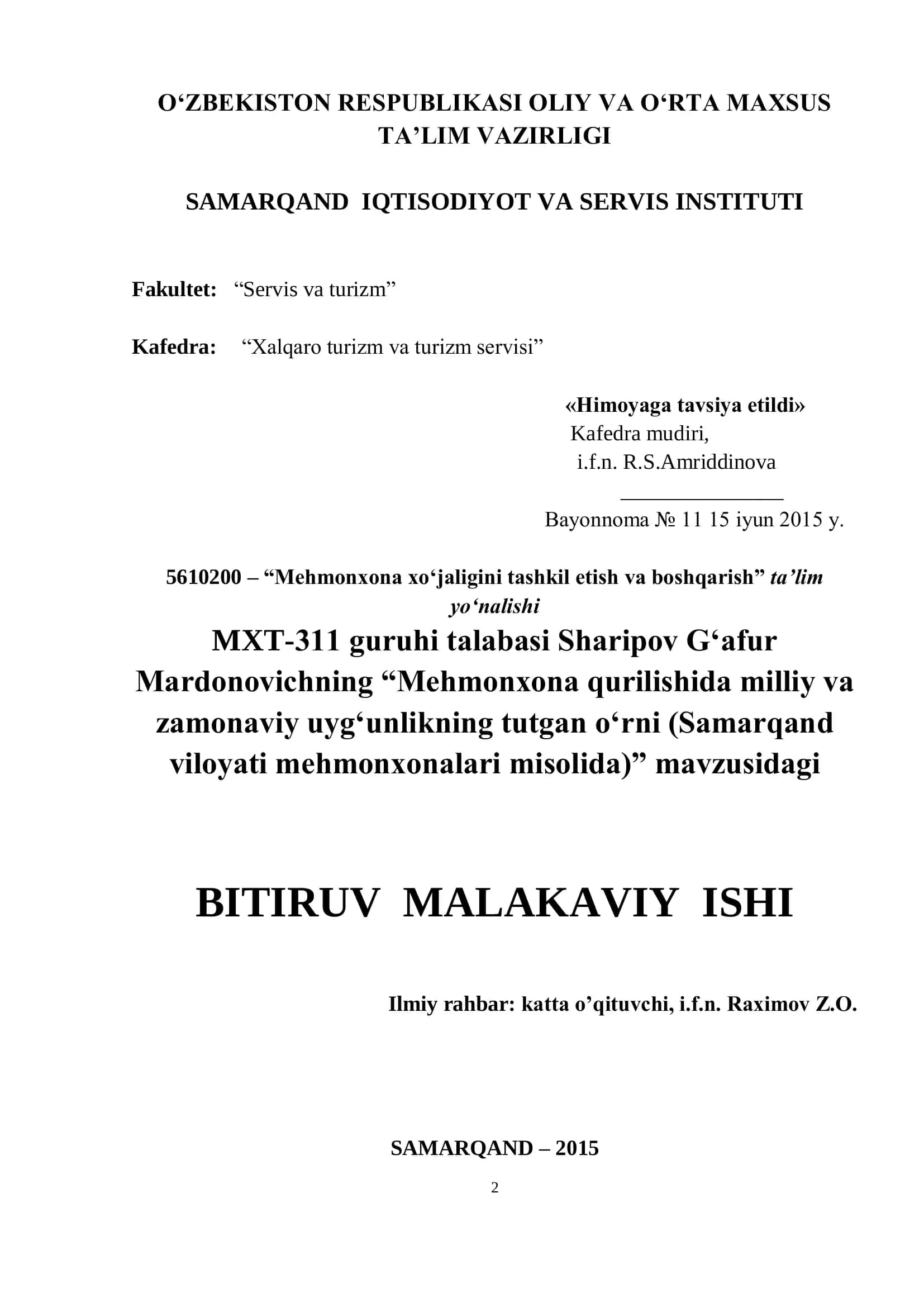 Mehmonxona xo‘jaligini tashkil etish va boshqarish 1