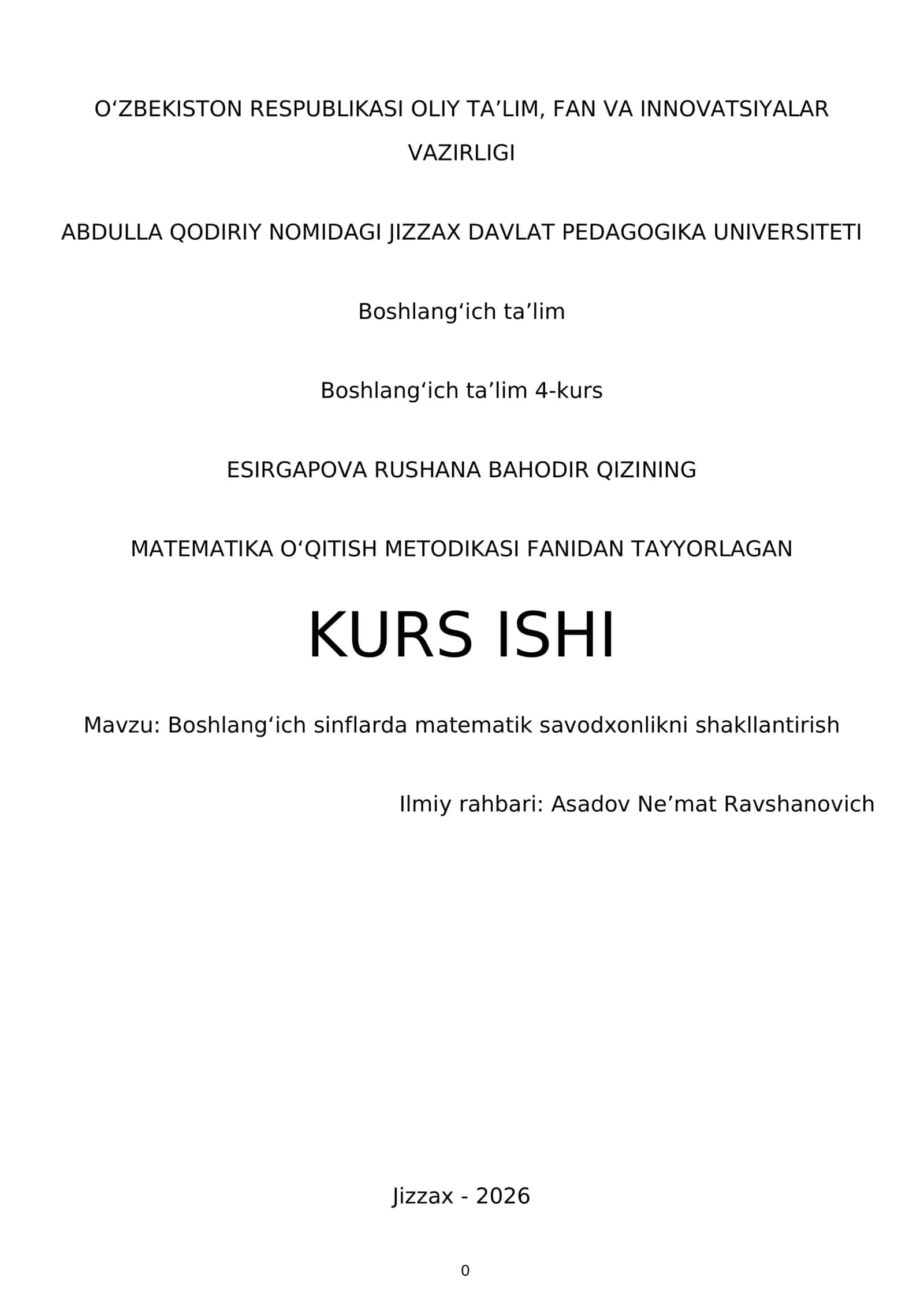 MATEMATIKA OʻQITISH METODIKASI FANIDAN TAYYORLAGAN KURS ISHI 1