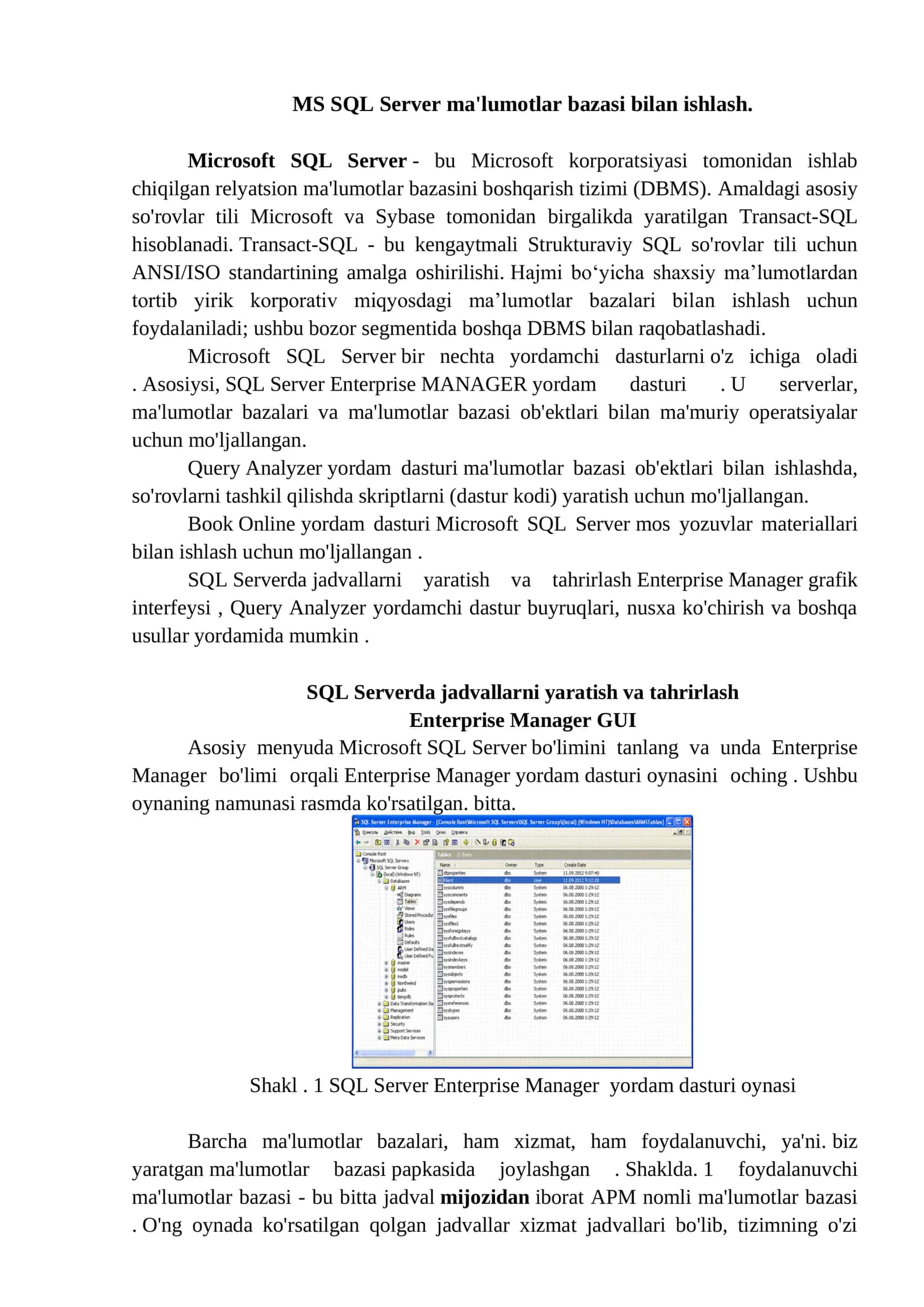 MS SQL Server ma'lumotlar bazasi bilan ishlash 1