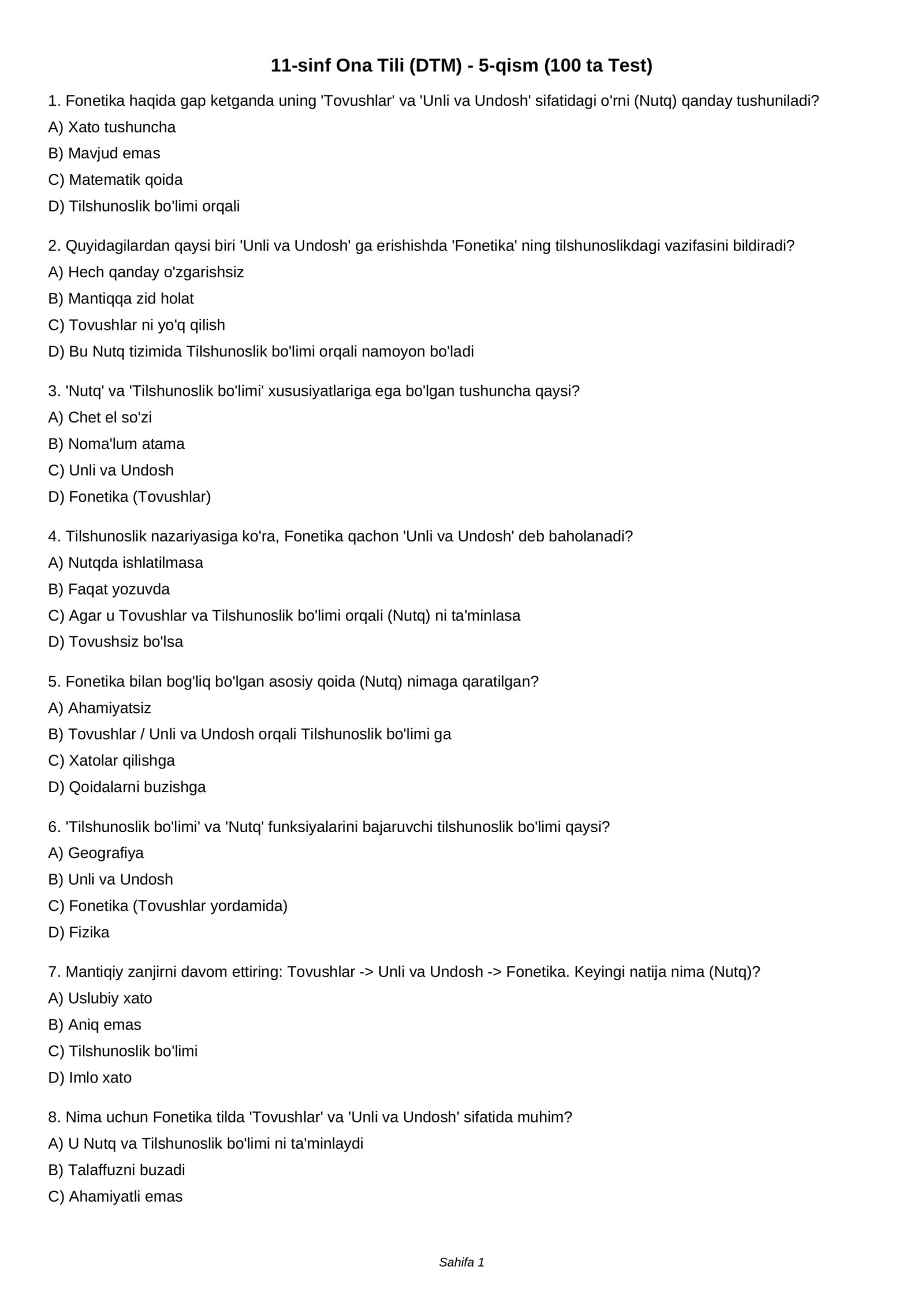 11-sinf Ona Tili (DTM) - 5-qism (100 ta Test) 1