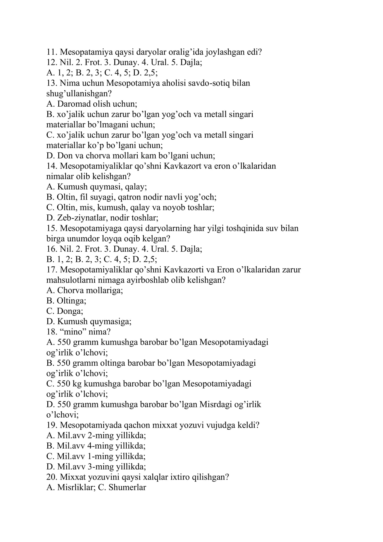 6-sinf Tarix fanidan testlar. 2
