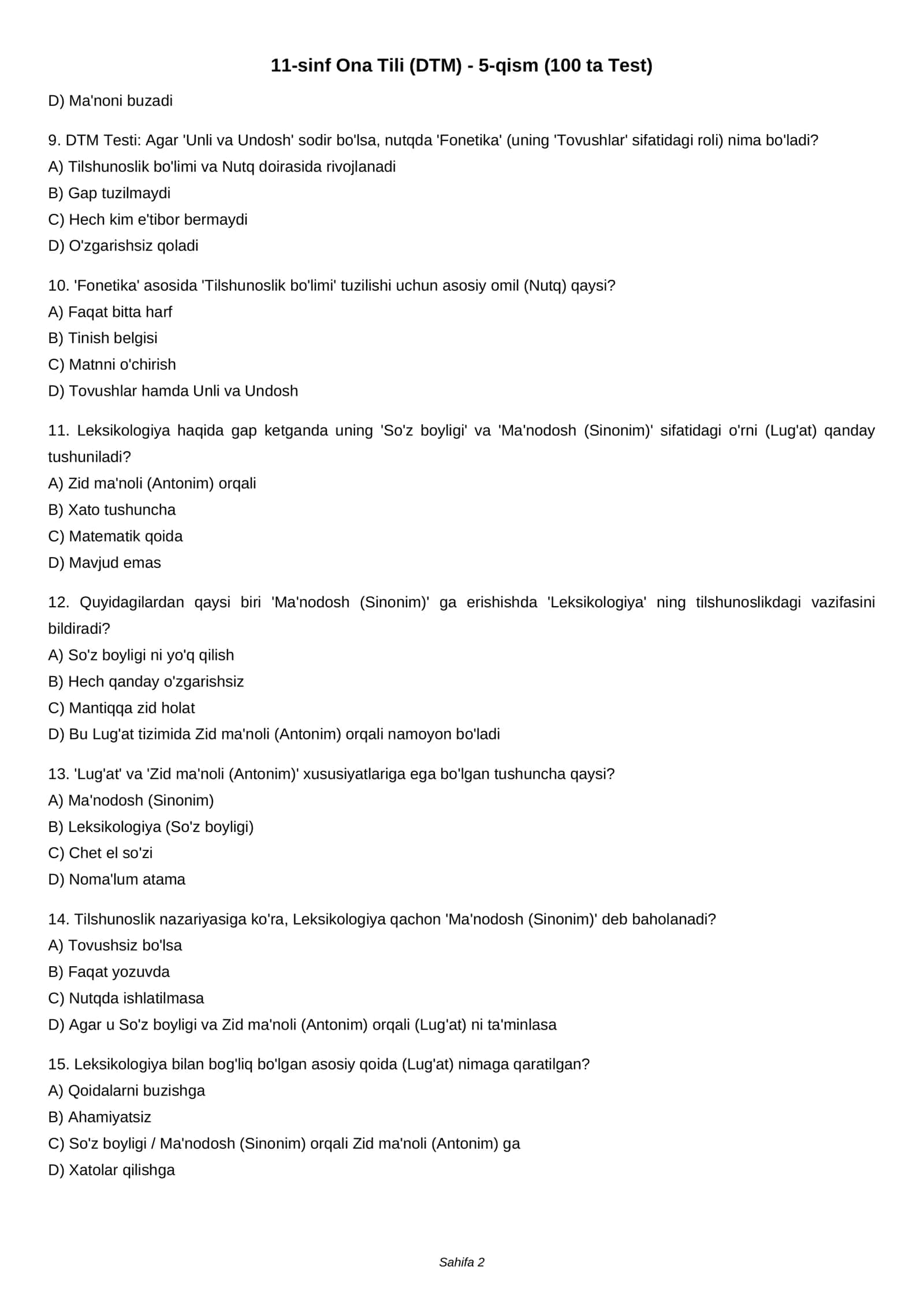 11-sinf Ona Tili (DTM) - 5-qism (100 ta Test) 2