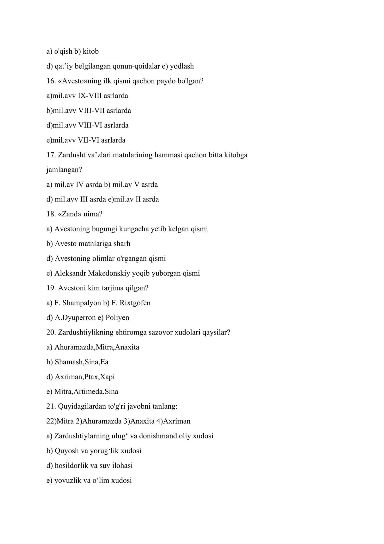 6-sinf Tarix fanidan testlar to`plami. O‘rta Osiyoda zardushtiylik 3