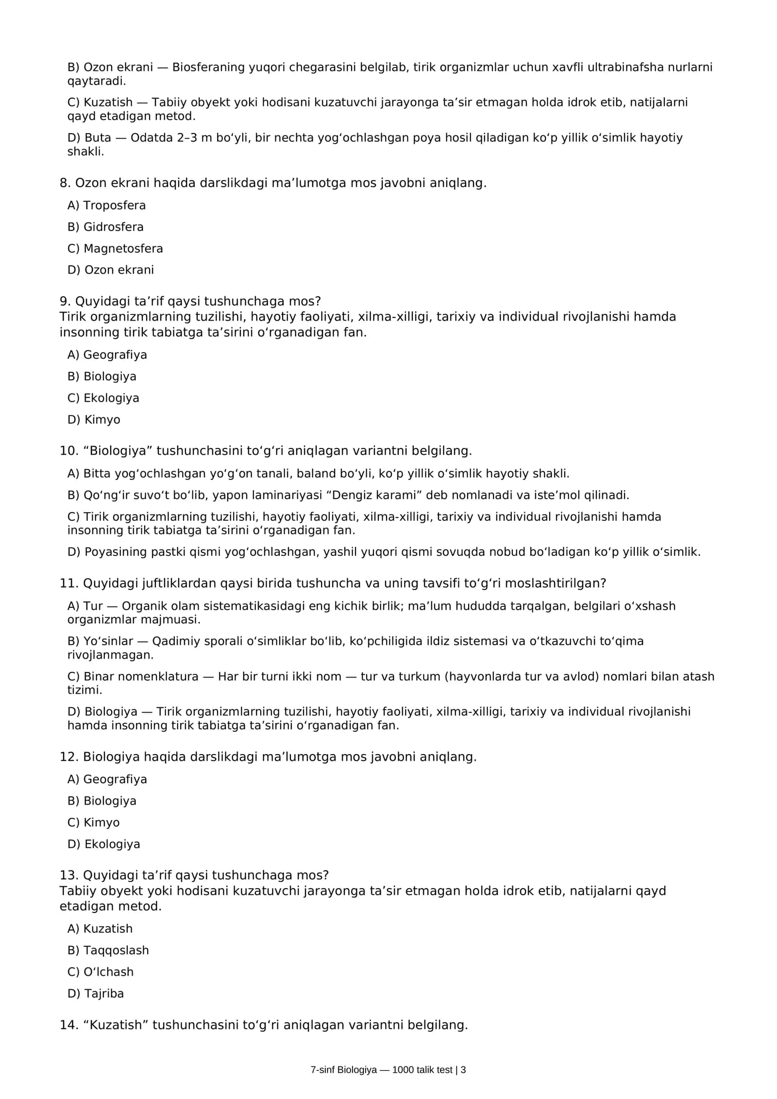 7-sinf Biologiya — 1000 talik test 3
