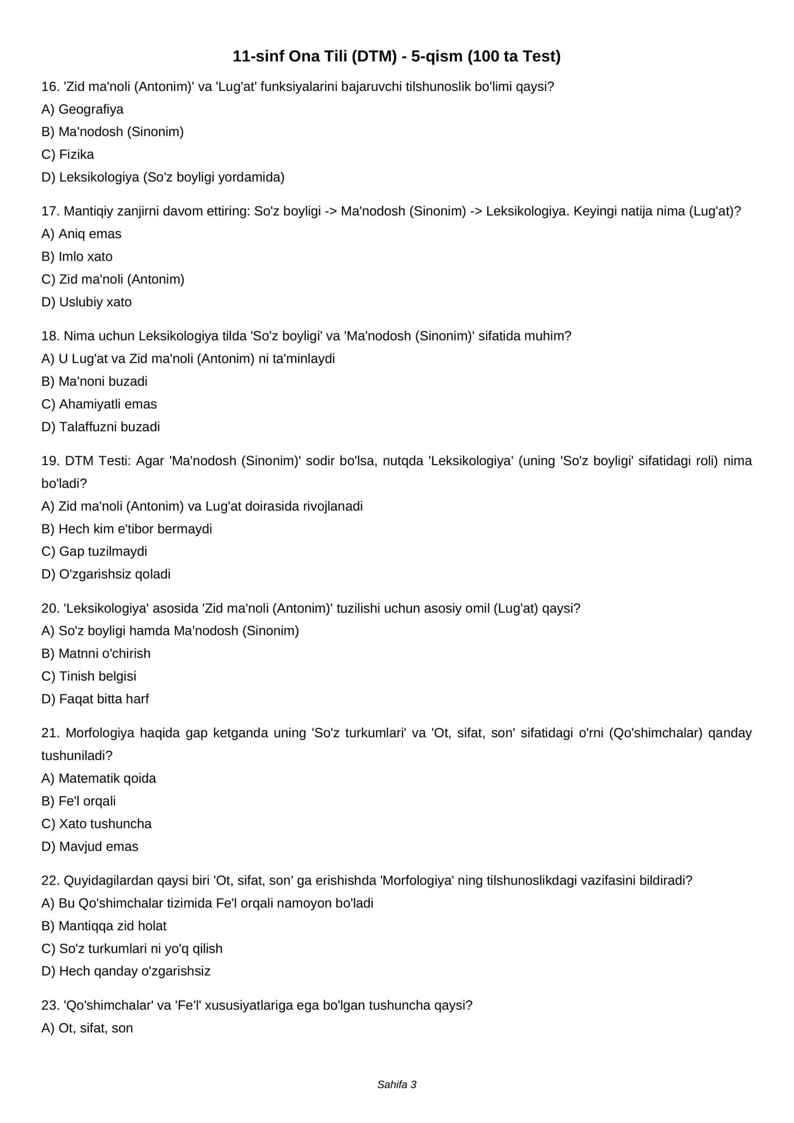 11-sinf Ona Tili (DTM) - 5-qism (100 ta Test) 3
