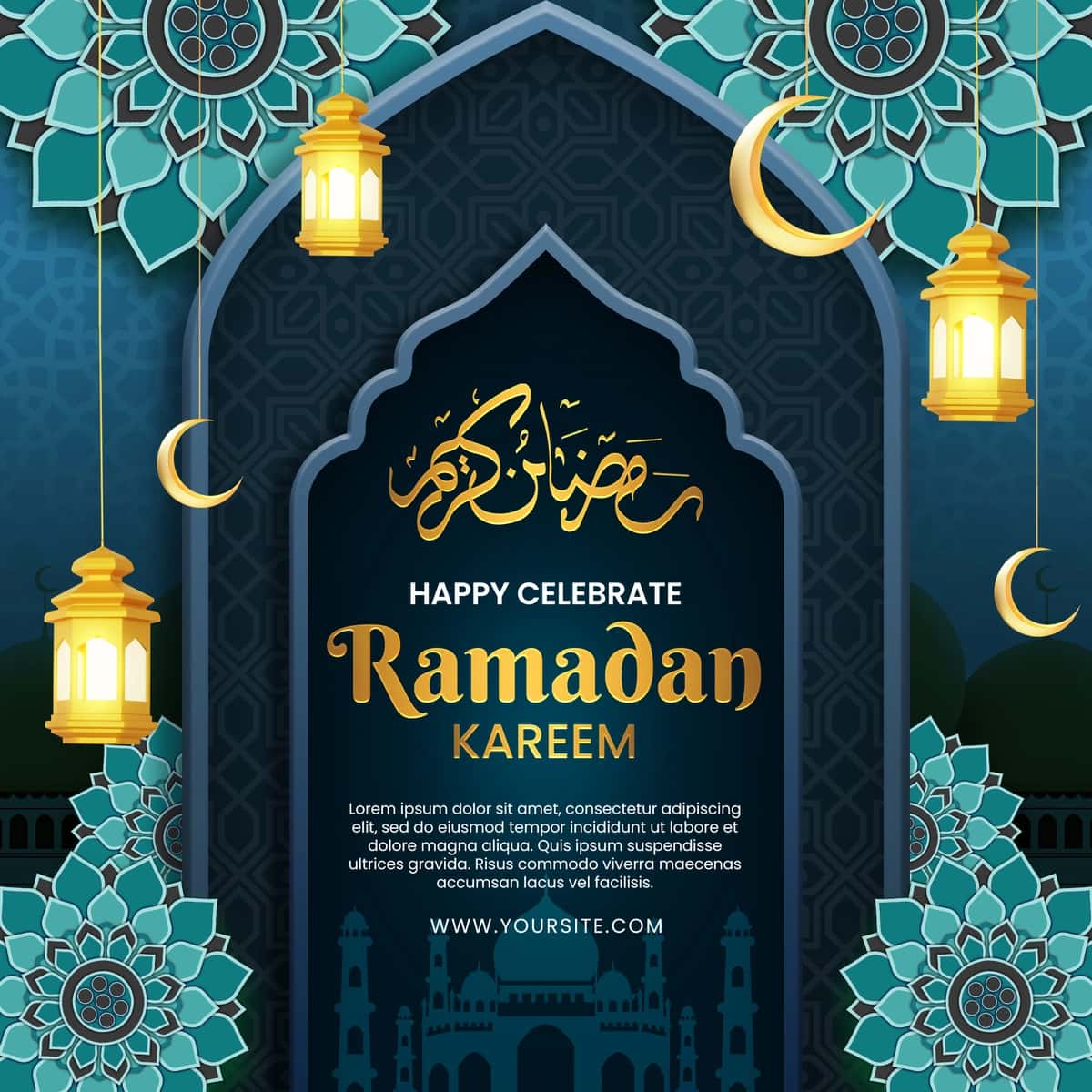 Moviy fonda oltin chiroqlar bilan Ramazon plakati | Poster ramadan with blue background gold lights 1