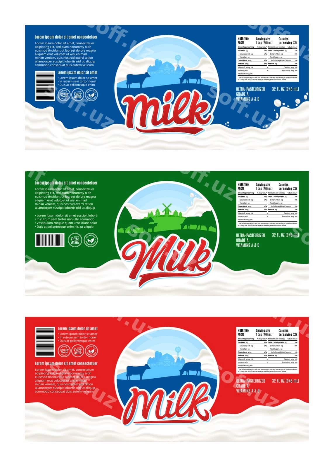 Gorizontal vektor sut etiketlarini oʻrnatish | Set horizontal vector milk labels 1