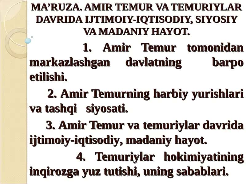 AMIR TEMUR VA TEMURIYLAR DAVRIDA IJTIMOIY-IQTISODIY, SIYOSIY VA MADANIY HAYOT. 1