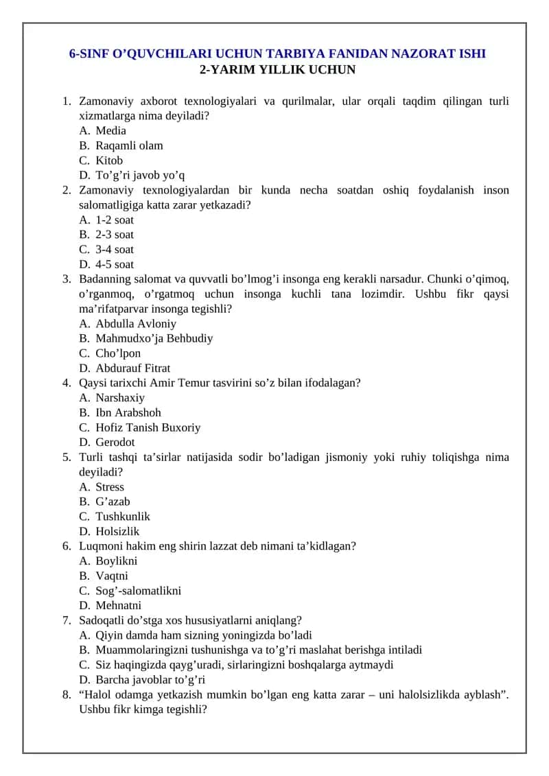 6-SINF O’QUVCHILARI UCHUN TARBIYA FANIDAN NAZORAT ISHI 2-YARIM YILLIK UCHUN 1