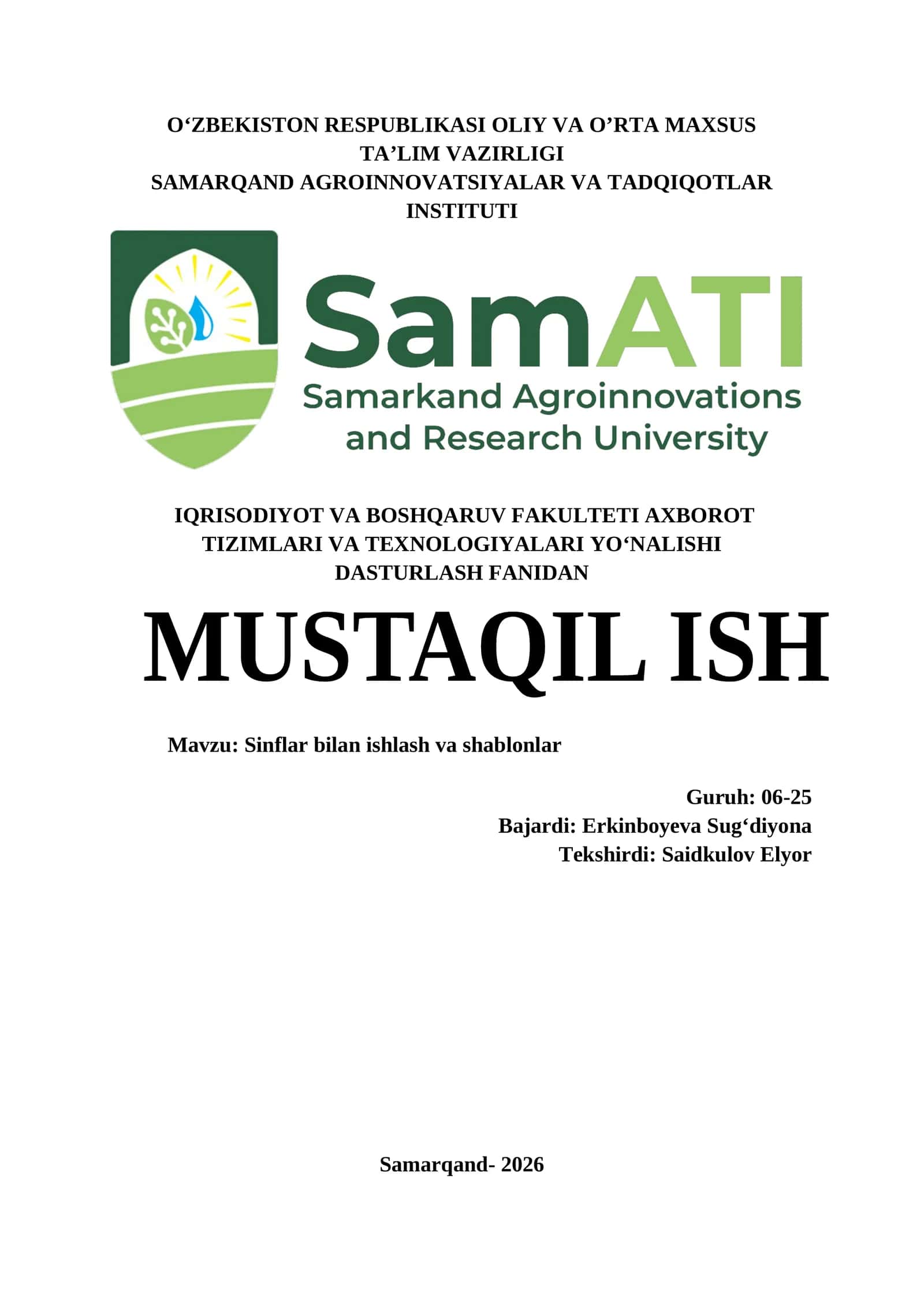 Sinflar bilan ishlash va shablonlar 1