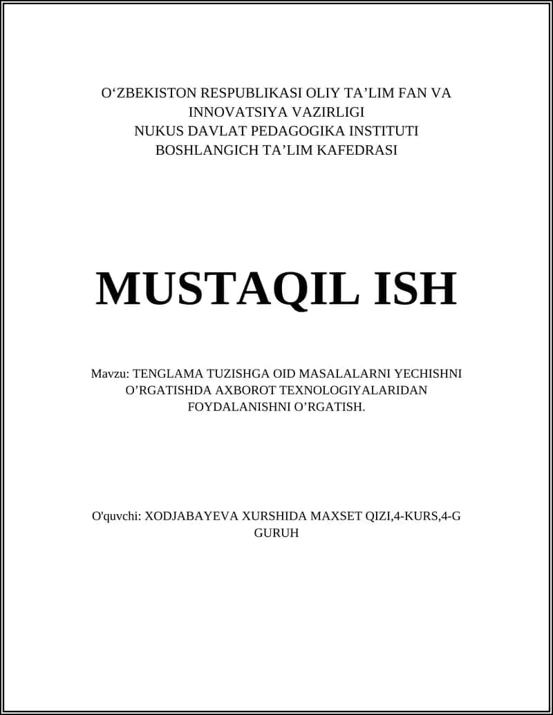 TENGLAMA TUZISHGA OID MASALALARNI YECHISHNI O’RGATISH 1